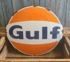 Large 14" Vintage GULF Service Station Oil Gas Pump Plate Porcelain Metal Sign