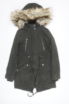 Bershka Damen Parka Mantel grün mit Kunstfellkapuze XS
