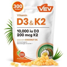 VEV Vitamin D3 K2 10000 IU, 300 Coconut Oil Softgels, 2-in-1 D  K Supplement