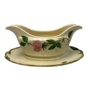 Franciscan Desert Rose Gravy Boat w/ Attached Plate Round Black BS 1940's USA