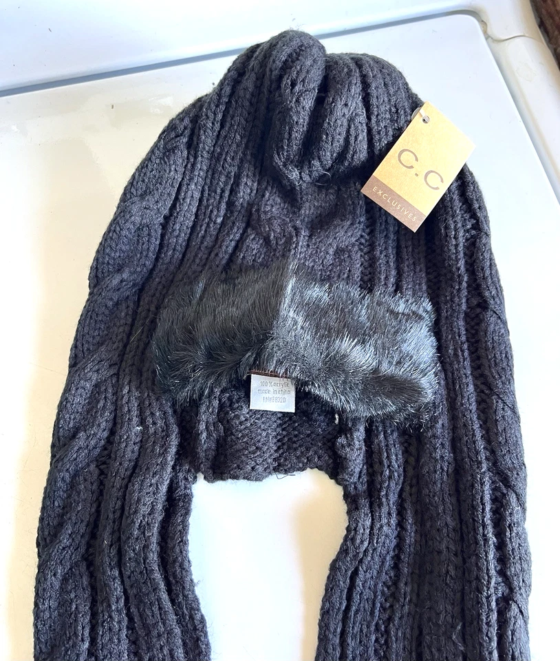 豆豆围巾 带口袋和帽 黑色 全新 丙烯酸 带人造毛皮装饰 多功能 — 第 4/4 张图片