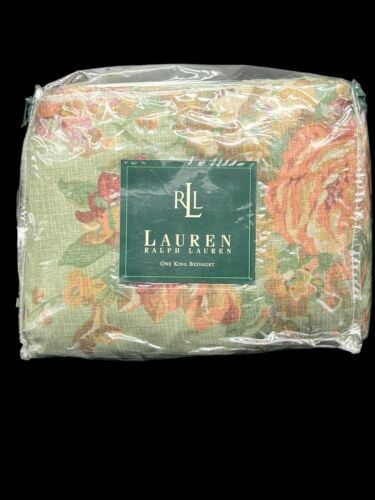 Ralph Lauren BEDSKIRT SQUIRE'S PATH FLORAL GREEN PINK ROSES RUFFLE KING SIZE NEW - Picture 1 of 12