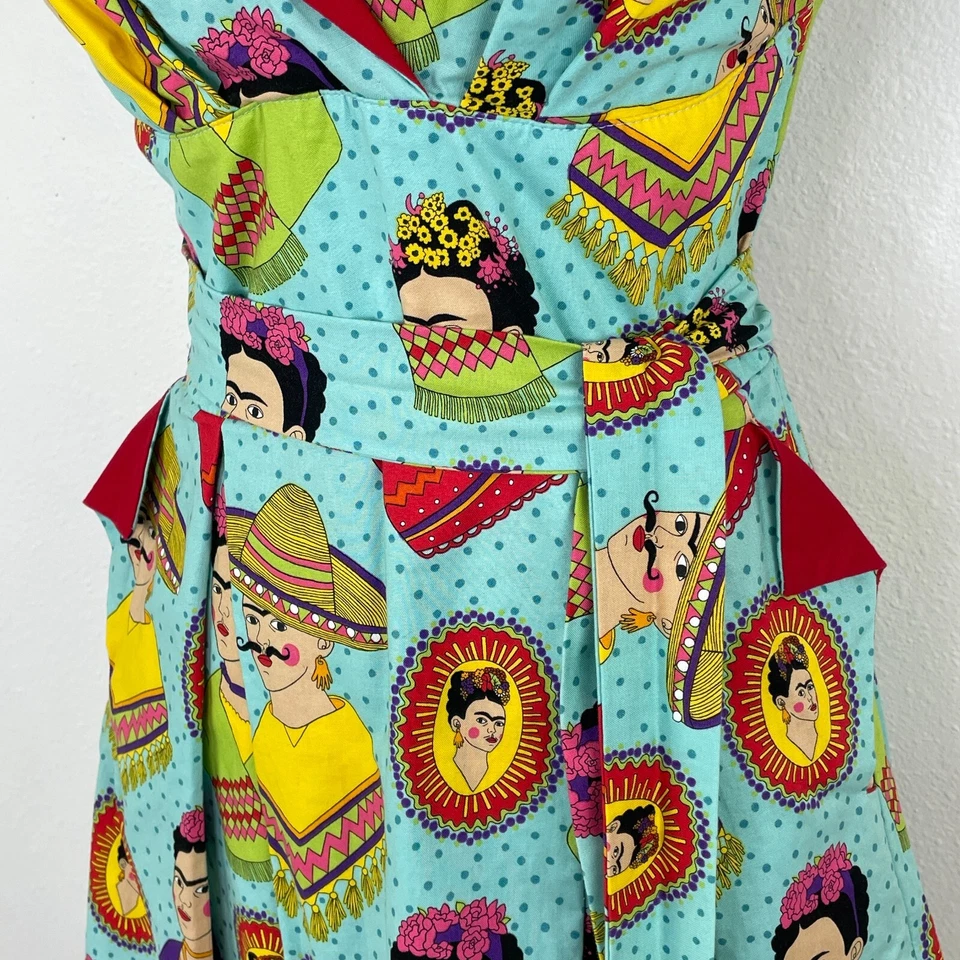 Vestido Victory Parade London UK 10 US 6 Corto Algodón Frida Kahlo Retro Novedad Foto 3 de 4