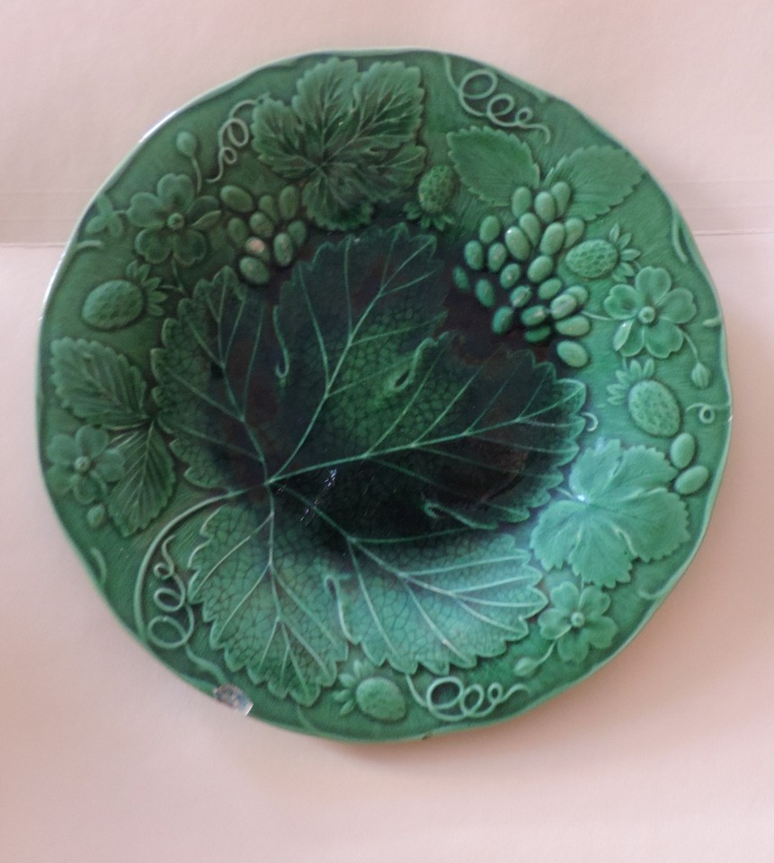 Antique Green Majolica Plate Grape Vine Leaf and Grapes 19th c