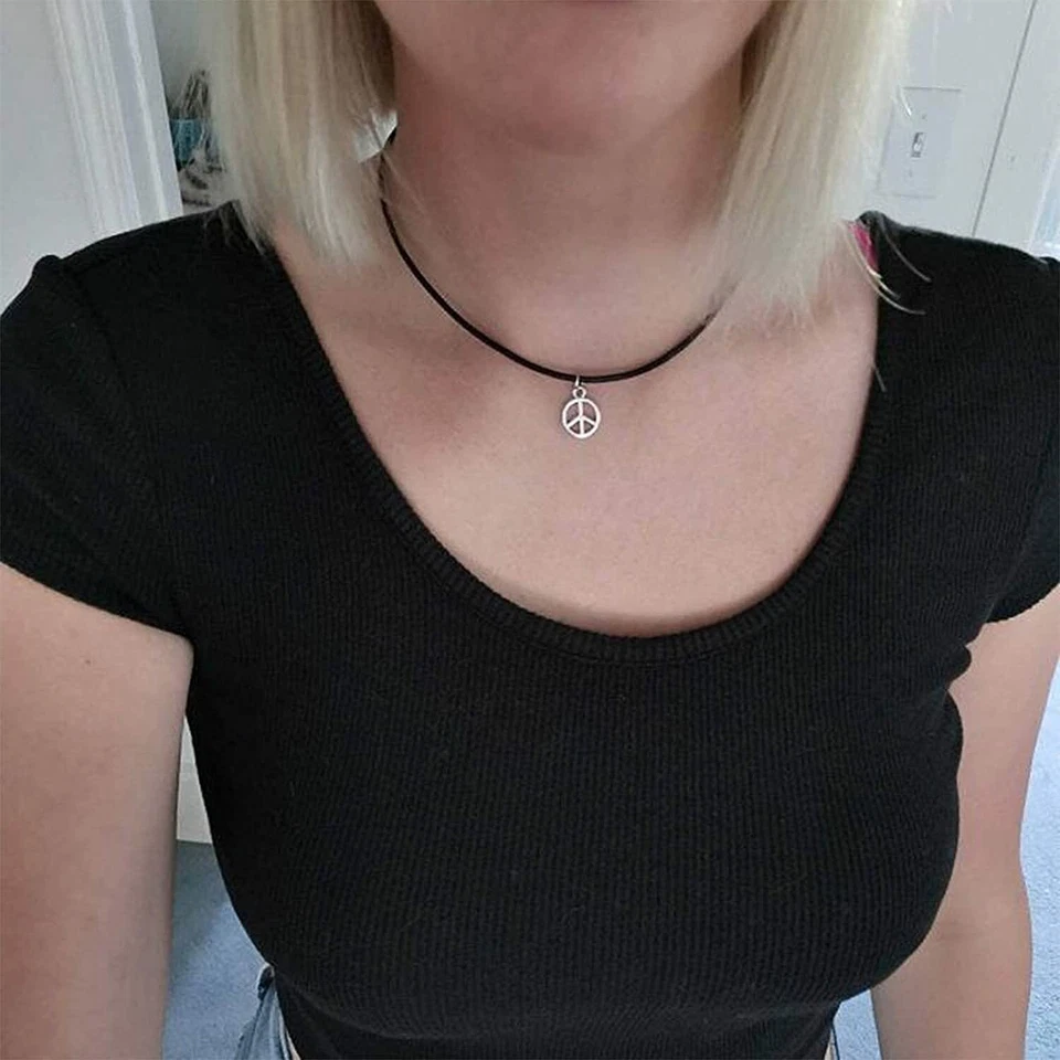 Collana Girocollo simbolo della PACE in Cordino Nero Ciondolo Argento Uomo Donna - Immagine 2 di 4