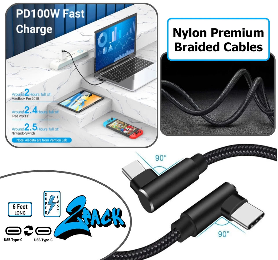 2 Pack 6ft C Fast Charger Cable USB Cord 90 Degree Nylon Fabric Adapter Cord Kit - Image 3 of 4