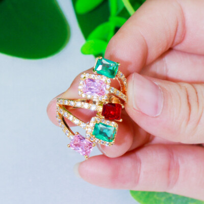 18k Gold Multi Blue Pink Adjustable CZ Square Engagement Finger Ring for Women