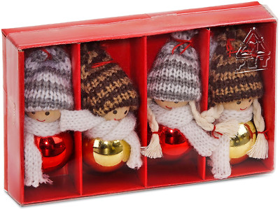 BRUBAKER 4 Weihnachtswichtel 8cm Strick Weihnachtsanhänger Wichtel Geschenkbox