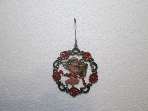 Vintage Christmas Ornament Cherub Cupid Angel Playing Harp Round Metal - Picture 2 of 4