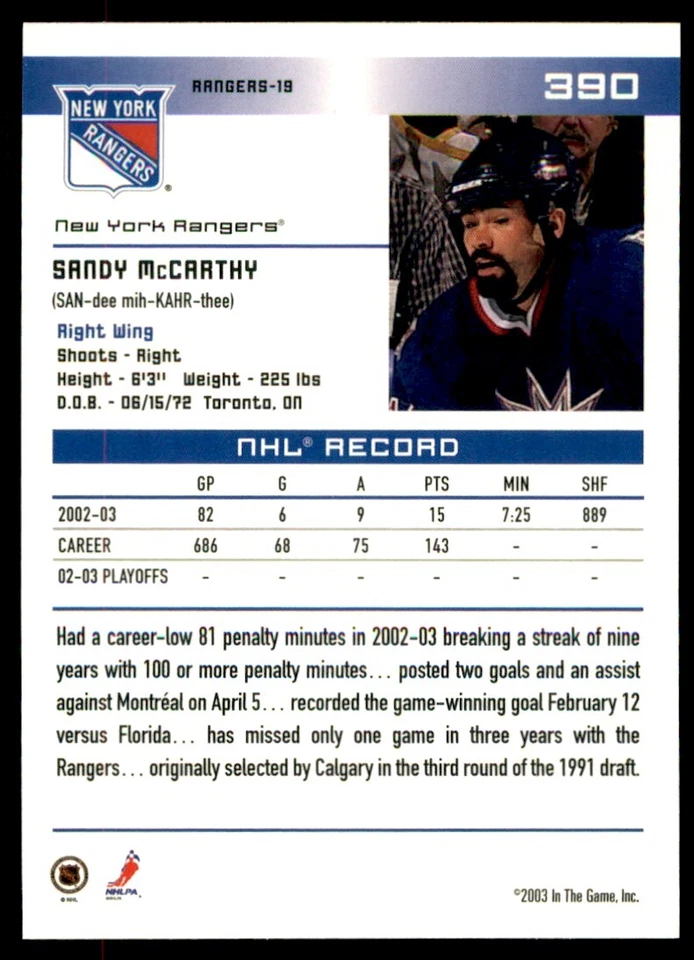 2003-04 In The Game Action Sandy McCarthy #390 - Image 2 of 2
