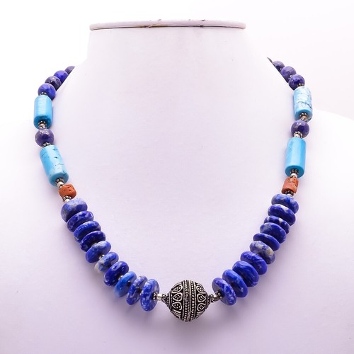 Pendentif Népalais Lapis-lazuli Corail Turquoise - Argenté Plaqué - Longueur 3 Pouces - Bijou Artisanal