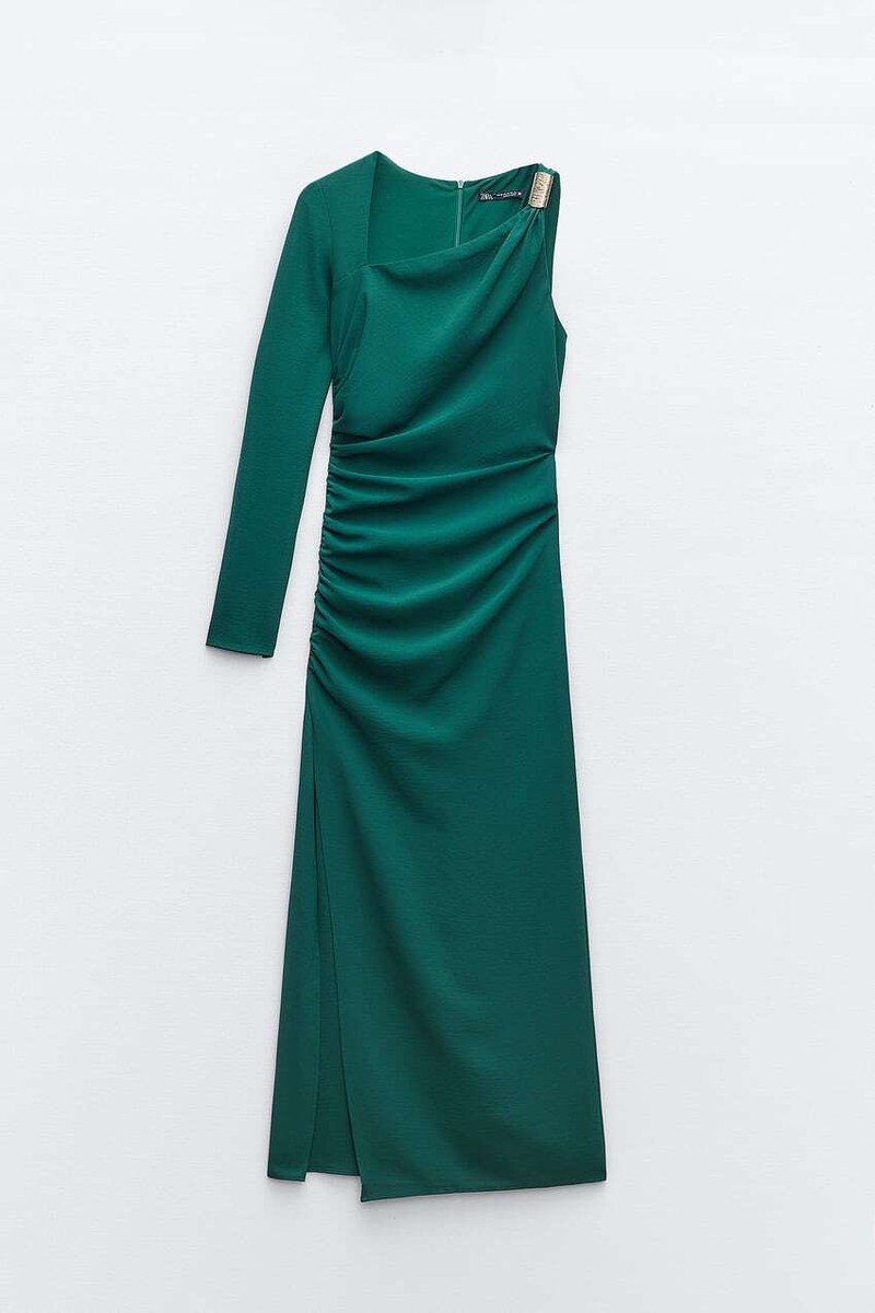 ZARA NEW FW23 METAL PIECE ASYMMETRIC MIDI DRESS GREEN/BLUE
