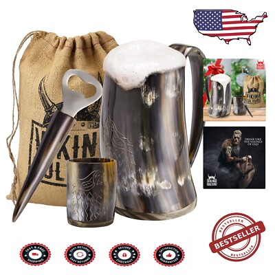 Authentic 16oz Ox Horn Mug Set with Wolf Design - Viking Drinking Experience