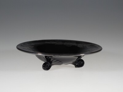 Vintage Deco Duncan Miller Glass Black #34 Bowl Three Leaf Silver Overlay c.1925