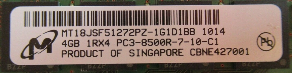 Micron MT18JSF51272PDZ-1G1D1BB CT51272BB1067 4GB PC38500 DDR3 ECC CL7 240P RAM - Image 3 of 4