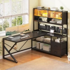 L Shaped Desk with LED Lights, Glass Cabinet and Bookshelf, Corner Computer Desk