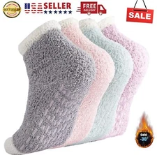 4 Pairs Non Slip Fuzzy Socks for Women Cozy Hospital Grips Socks Soft Fluffy USA