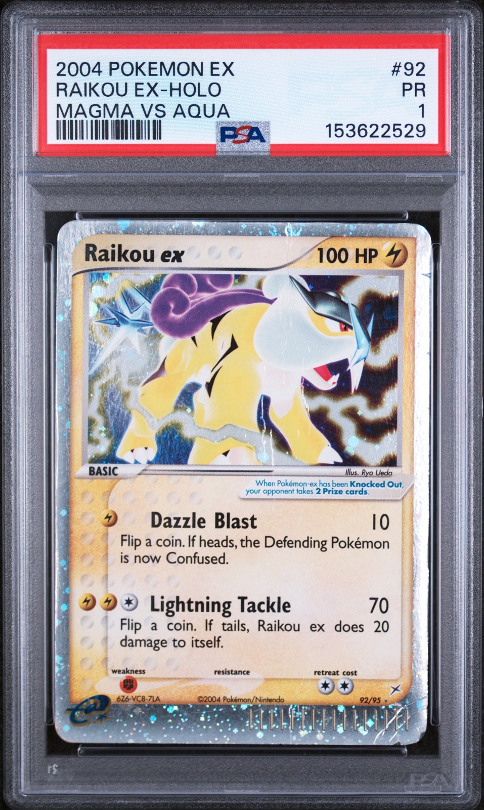 2004 POKEMON EX TEAM MAGMA VS TEAM AQUA #92 RAIKOU EX-HOLO PSA 1