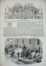 Original Old Antique Print 1855 Monster Snowball Winter Street Children People