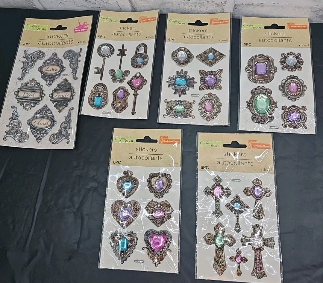 Lot Of 6 Pks Crafter’s Square Tile Border Gems Puffy Stickers For Scrapbooking 
