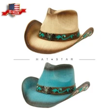 Western Cowboy Hats with Metal Butterfly Badge and Flower Trim Band
