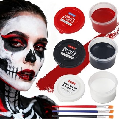 3 Color water-based Face Body Paint Set (Black + White + Red )with Brushes Kits