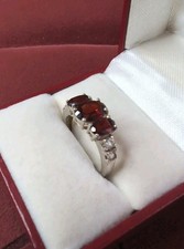 Classic Three Stone Garnet w/CZ Accents 925 Sterling Silver Ring Size 6.75
