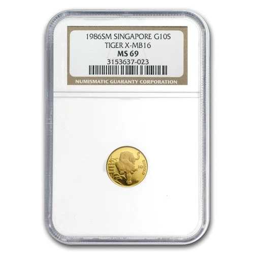 1986 Singapore 1/10 oz Gold 10 Singold Tiger MS-69 NGC