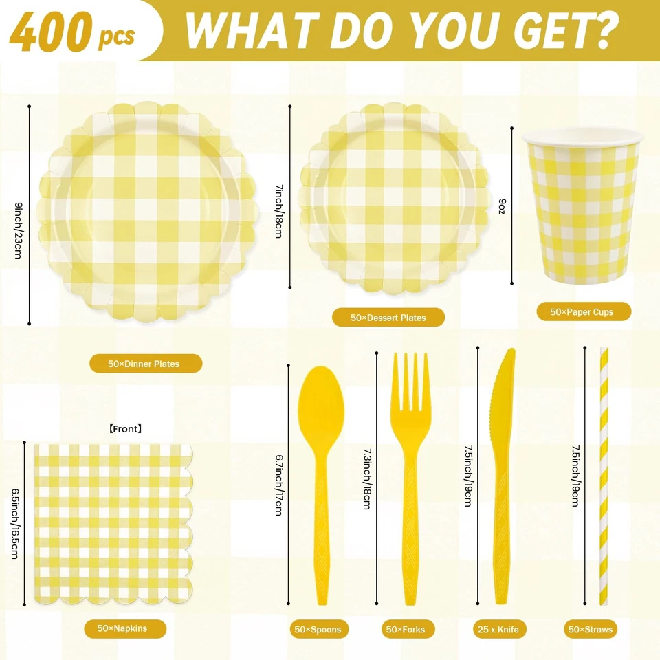 400PCS Yellow Gingham Party Supplies, Scalloped Disposable Tableware Set Incl... - Image 2 of 4