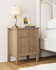 Fluted Nightstand, Farmhouse Night Stand with 3 Drawers, Mid Century Modern S...