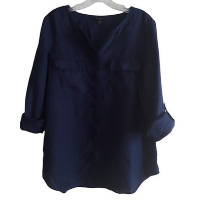Talbot Linen Shirt Womens Large Navy Blue Button Down  Tab Sleeves Hidden Button