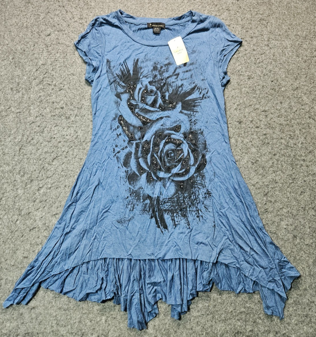 Twenty One women size medium blue sequins black rose ruffled edge top NWT