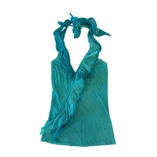 Y2K Bebe Turquoise Halter Neck Ruffled Top Boho Fairy 90s Coquette Twee 
