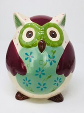 Piggy Bank Ceramic Chubby Round Owl Browns  Green Floral Design Glazed Stopper