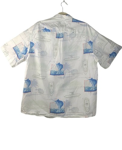 Men's COLUMBIA Nautical Boat Sword MARLIN Fish Shirt White Blue XL Cotton - Picture 5 of 7