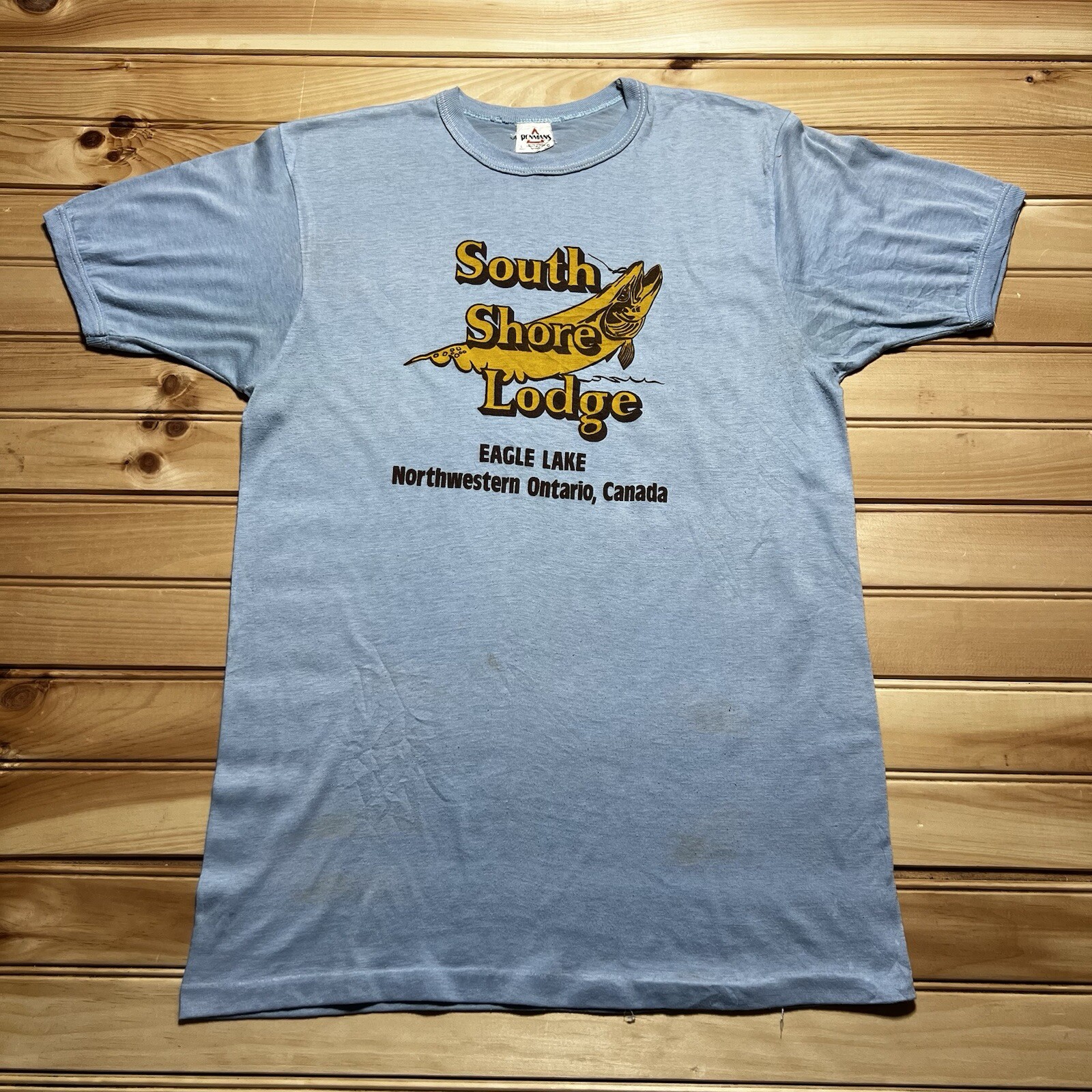 Vintage 70s 80s South Shore Lodge Eagle Lake Canada Fishing Shirt Size Large