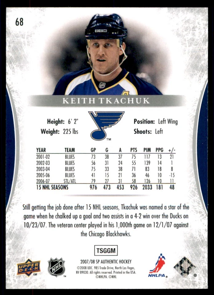 2007-08 SP Authentic Keith Tkachuk #68 - Image 2 of 2