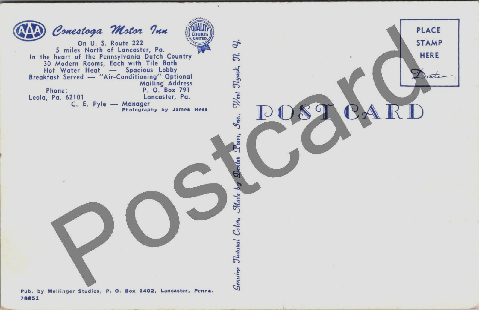 CONESTOGA MOTOR INN, Lancaster PA, C.E. Pyle, Manager, postcard jj424 thumbnail 2