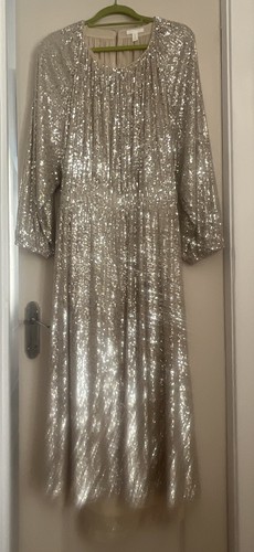 H&M GOLD SEQUIN DRESS XL 14/16 OPEN HALF BACK BALLOON SLEEVE CRUISE WEDDING PROM - Picture 6 of 24
