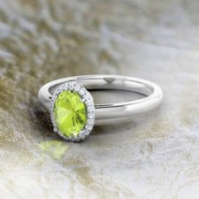 1Ct Oval Cut Green Peridot Simulated Diamond Halo Ring 14K White Gold Plated