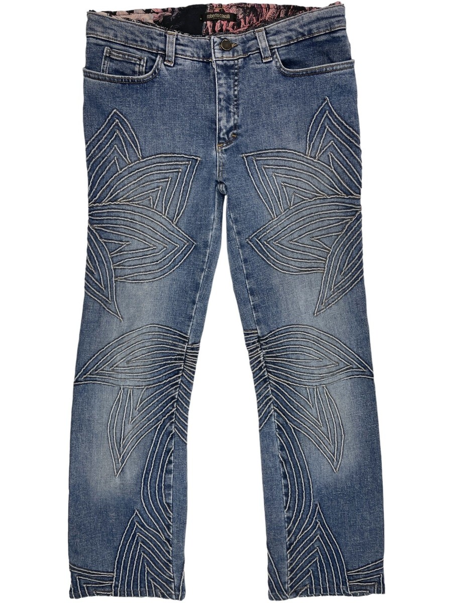 Roberto Cavalli Vintage Y2K 00s Blue Denim Jeans Mirrored Stitched 