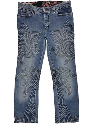 Roberto Cavalli Vintage Y2K 00s Blue Denim Jeans Mirrored Stitched Petals Design