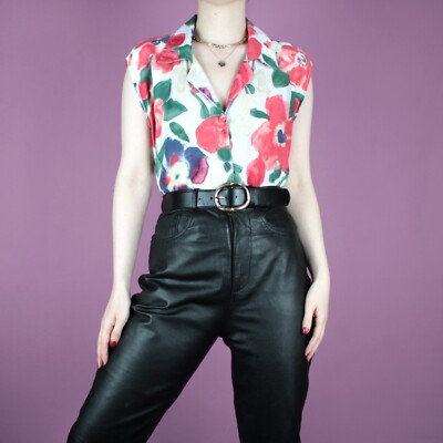 Vintage 90er Blumen 80er rot ärmellos Damen Bluse Shirt Top Large XL 18 20
