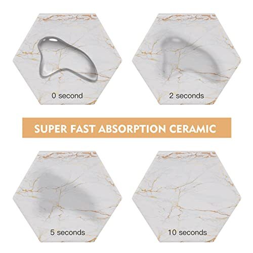 Geichan Marble Coasters Set Of 8 With Metal Holder - Ceramic Hexagon Drink Coasters, White & Gold