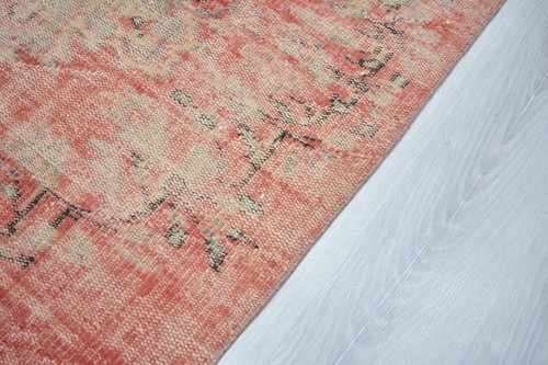 Tappeto turco vintage rosso sbiadito, 3,7 x 7,4 piedi, antico tappeto rosso orientale fatto a mano, - Foto 9 di 12
