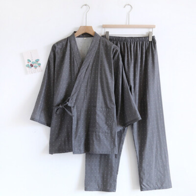 Neu chinesisch japanisch inspiriert Herren Punkte anthrazit langer Kimono Pyjama Schlafanzug