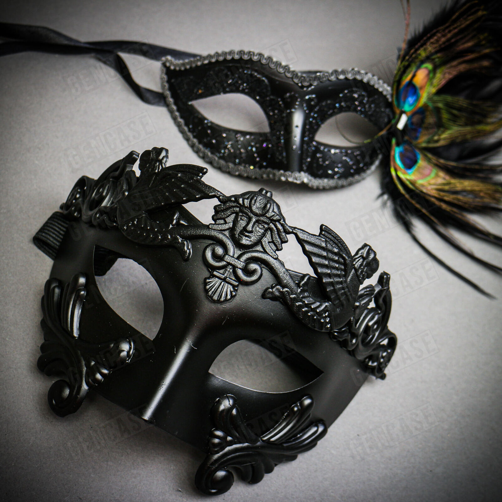 Venetian Black Warrior Half-Face & Black Glitter Feather Eye Ball Couple Mask