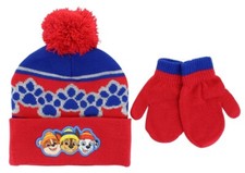 Nickelodeon Paw Patrol Toddler Boy's Blue/Red 2pc Pom Hat Glove Mitten Set