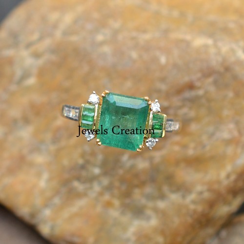 Solid 14k Yellow Gold Emerald Gemstone Ring Pave Diamond Jewelry Gifts for Her