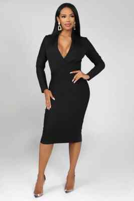 knee length dresses for ladies V Neck Dress Sleepless Black Bandage Dress / L main image 1